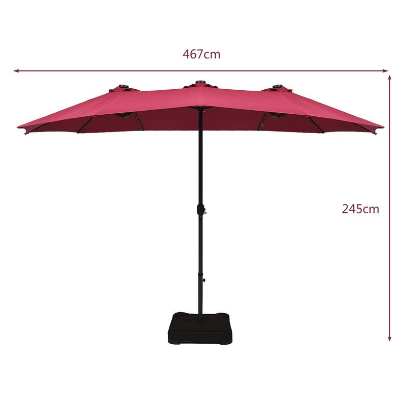 15 Ft Solar LED Patio Double-sided Umbrella Market Umbrella with Weight Base - 15' x 8' (W x H)