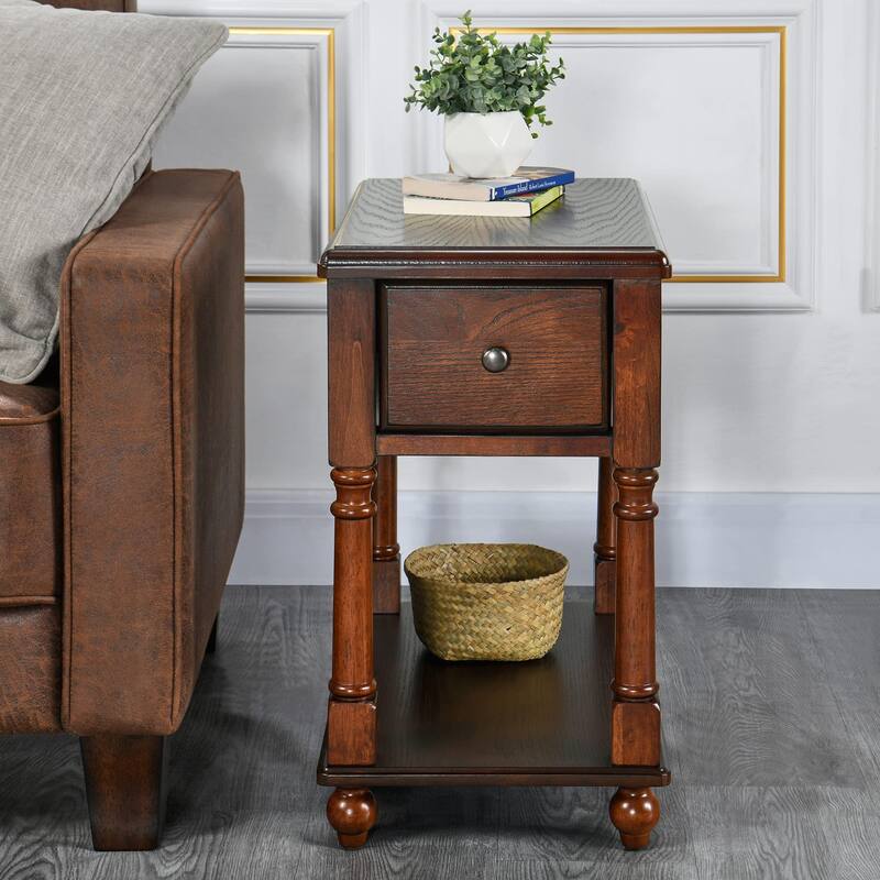 Narrow End Table with Drawer, Solid Wood Sofa Side Table with Storage