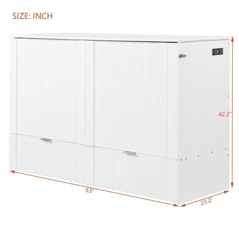 Queen Size Wall Bed with Drawer, USB Ports & Smooth Pulley Mechanism, Space-Saving White Cabinet Bed