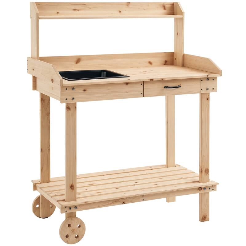 Outsunny 36.25" x 17.75" x 46.75'' Wooden Potting Bench Work Table with 2 Removable Wheels & Large Storage Spaces