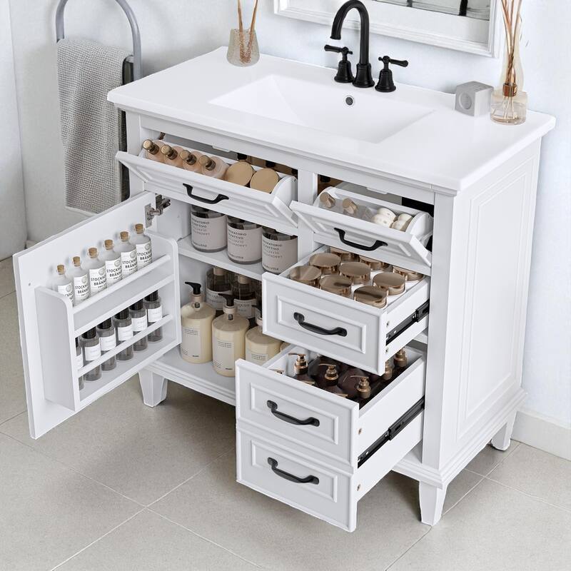 36" Bathroom Vanity with Ceramic Sink, Solid Wood Frame, 4 Drawers and Adjustable Shelf, Freestanding Cabinet