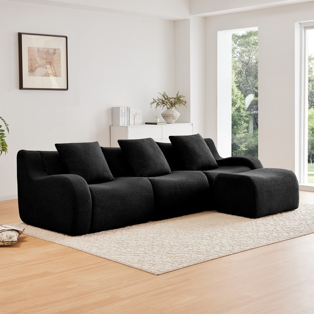 115.3" L-Shaped Boneless Sectional Sofa with Ottoman, Curved Armrests, Teddy Fabric Floor Upholstered Sofa for Living Room