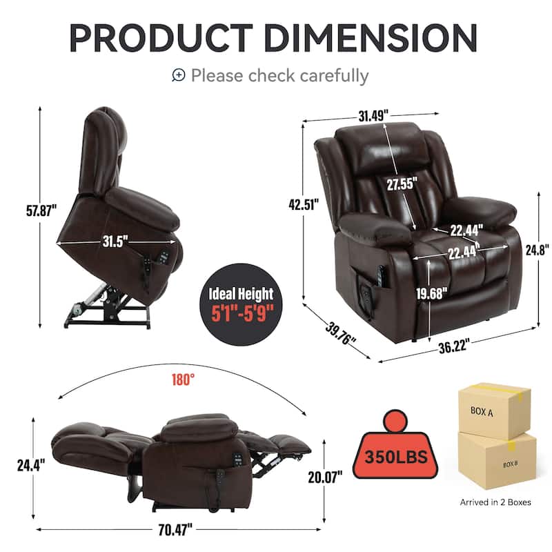 Brown Medium-Sized Electric Power Lift Recliner Chair in Genuine Leather with Dual Motors, 8-Point Massage, Lumbar Heating