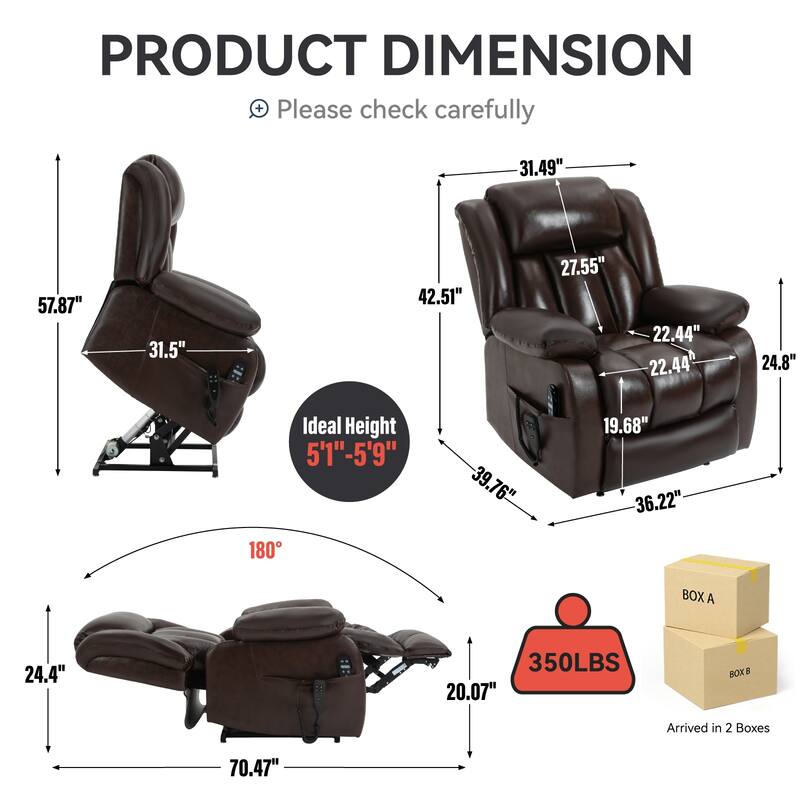 Infinite Position Up to 350 LBS Electric Medium size Power Lift Recliner Chair with 8-Point Vibration Massage and Lumbar Heating