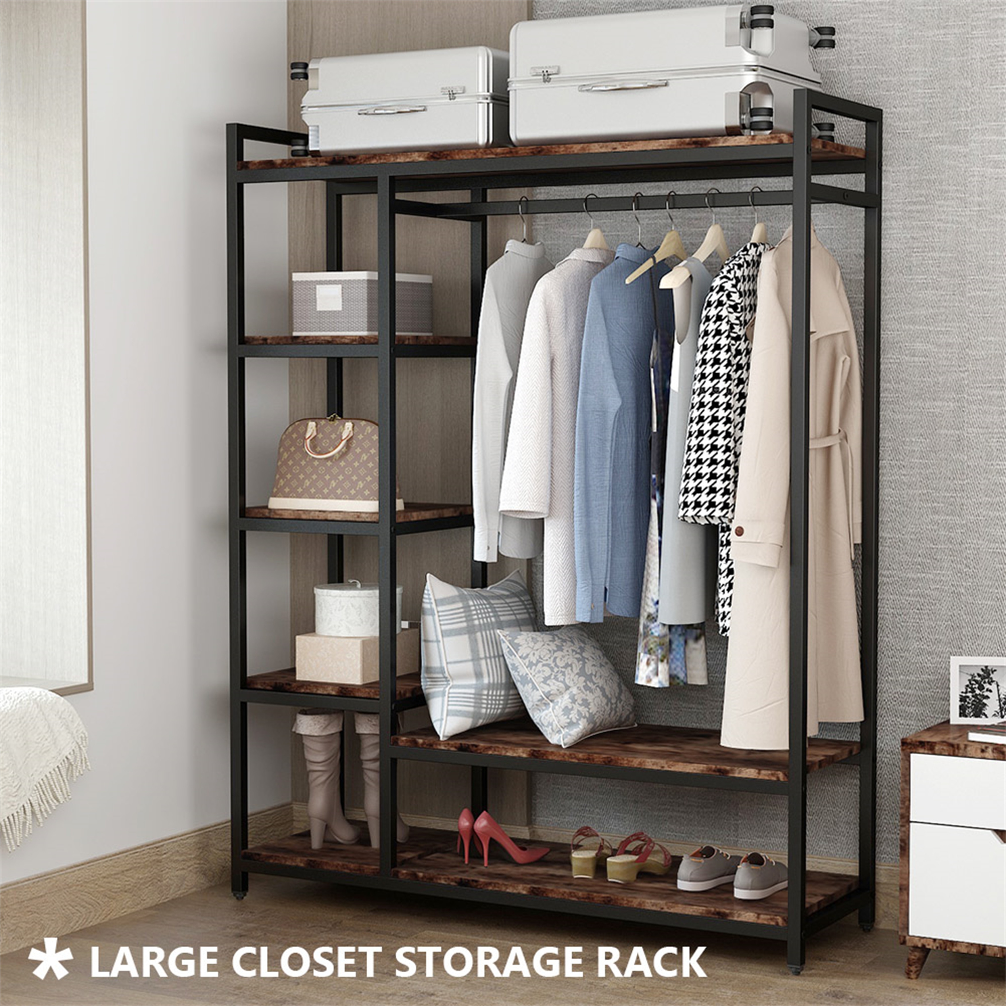 Brown Black Wood Industrial Clothing rack with shelves 5 Tier Clothes Garment Rack Closet Organizer System with Hanging Rod