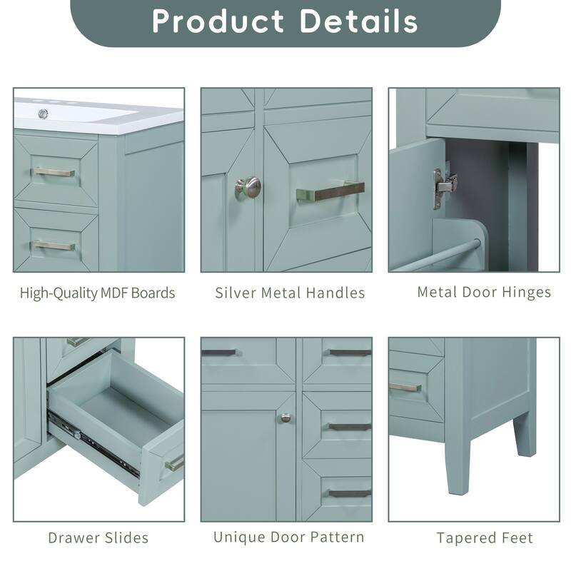 30" Bathroom Vanity with Sink Combo, Green Bathroom Cabinet with Drawers, Solid Frame and MDF Board