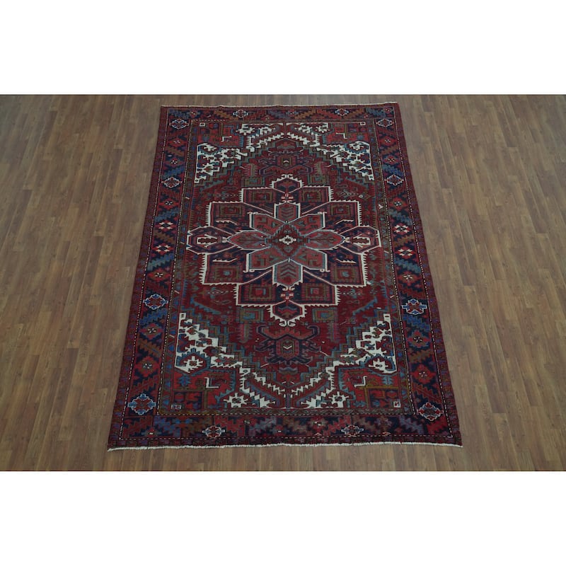 Heriz Persian Vintage Area Rug Hand-Knotted Red Wool Carpet - 7'4" x 10'9"