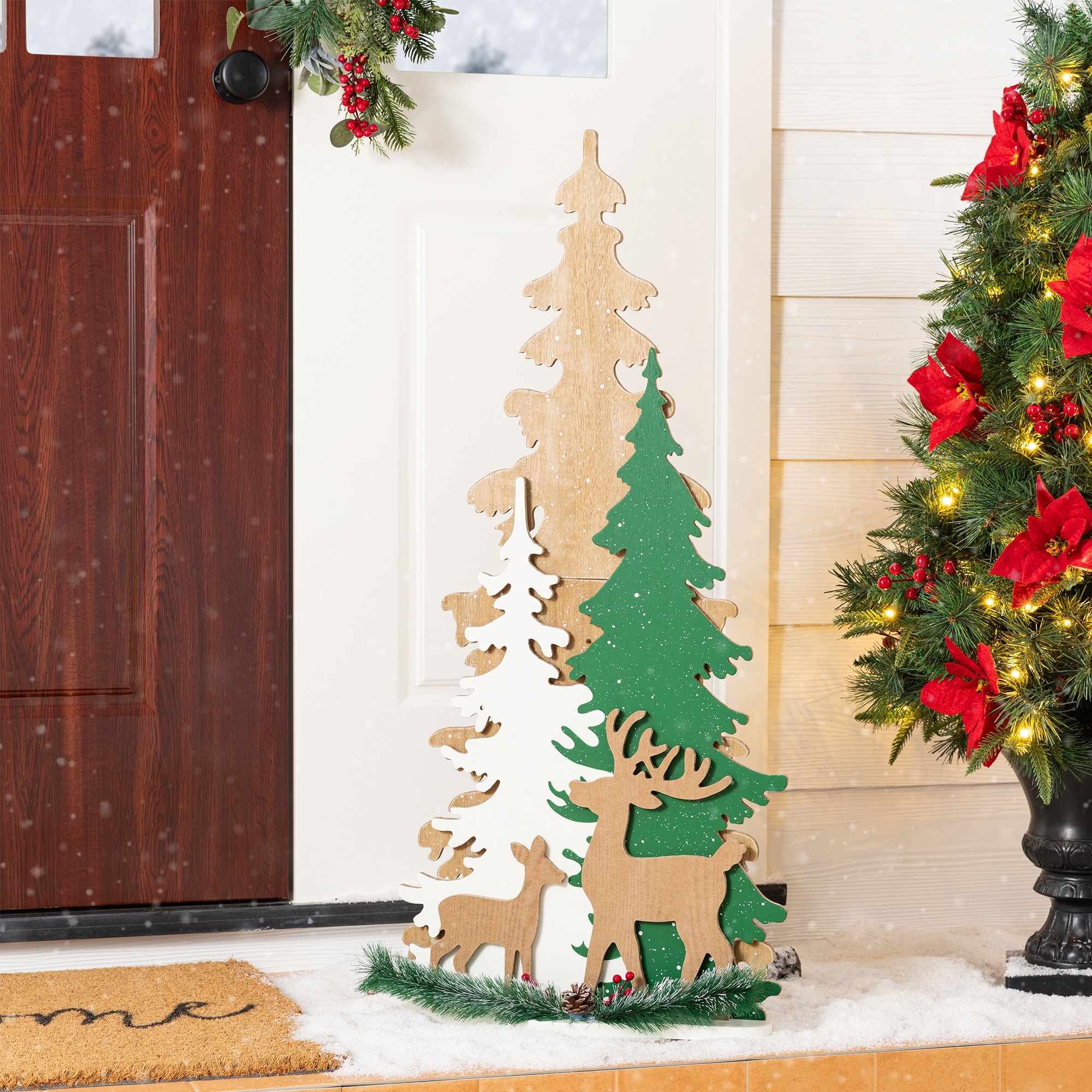 Glitzhome 35.5"H Wooden Christmas Tree Porch Decor(KD)