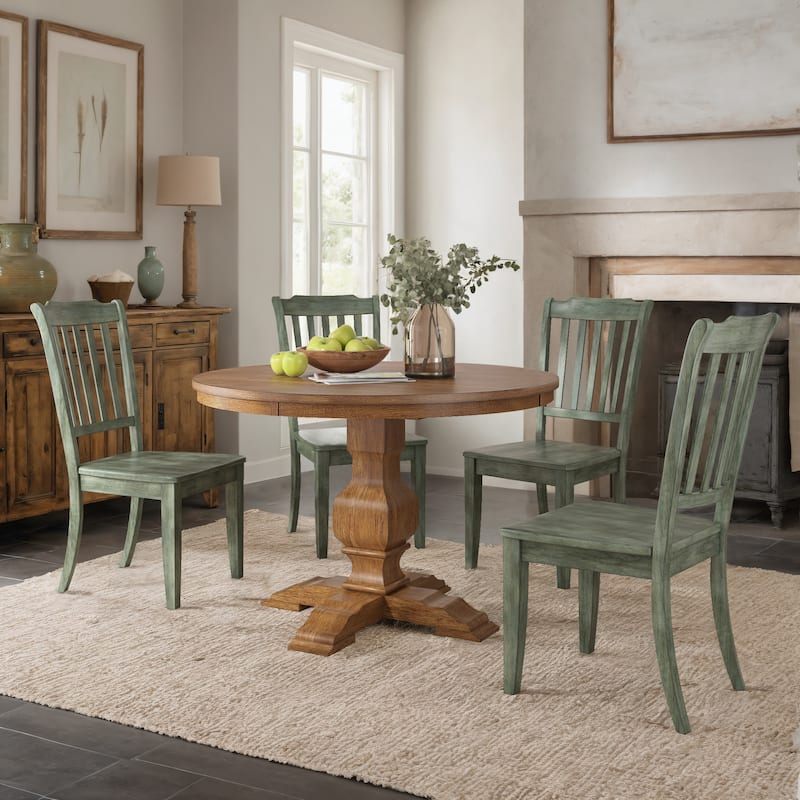 Ronda 45" Round Solid Wood Top Dining Set with Spindle Back Chairs - Oak Table - Antique Sage Green Chairs