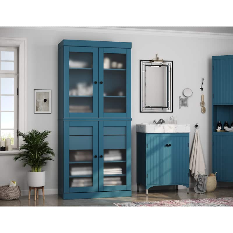 Palace Imports 100% Solid Wood 32" Bathroom Cabinet with Frosted Glass Doors, 2-Drawers and Adjustable Shelves - Teal Blue