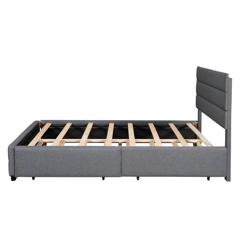 Upholstered Queen Size Platform Bed with 2 Storage Drawers and Twin Trundle Bed, Wood Queen Bed Frame with Linen Fabric