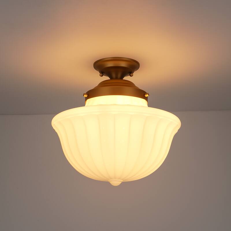 1-Light 14.9" Mid-Century Modern Gold Geometric Cone Milky White Glass Semi-Flush Mount Light - 14.9 in. W x 14.5 in. H