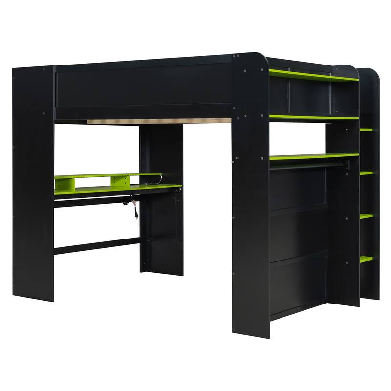 Roomfitters Full Size Loft Bed with Adjustable Desk, Wardrobe Storage, and RGB Lighting