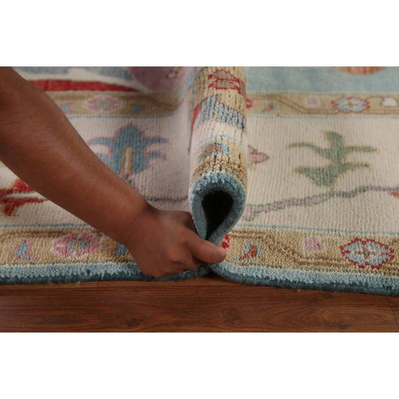 Light Blue Floral Oushak Rug Hand-Knotted Oriental Wool Carpet - 8'10"x 11'10"