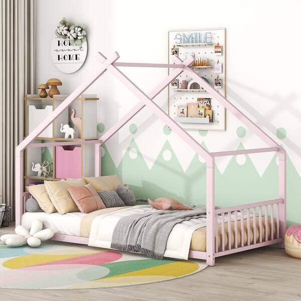 slide 2 of 9, Pink Twin Size Metal House Bed with Fence & Back Twin - Pink