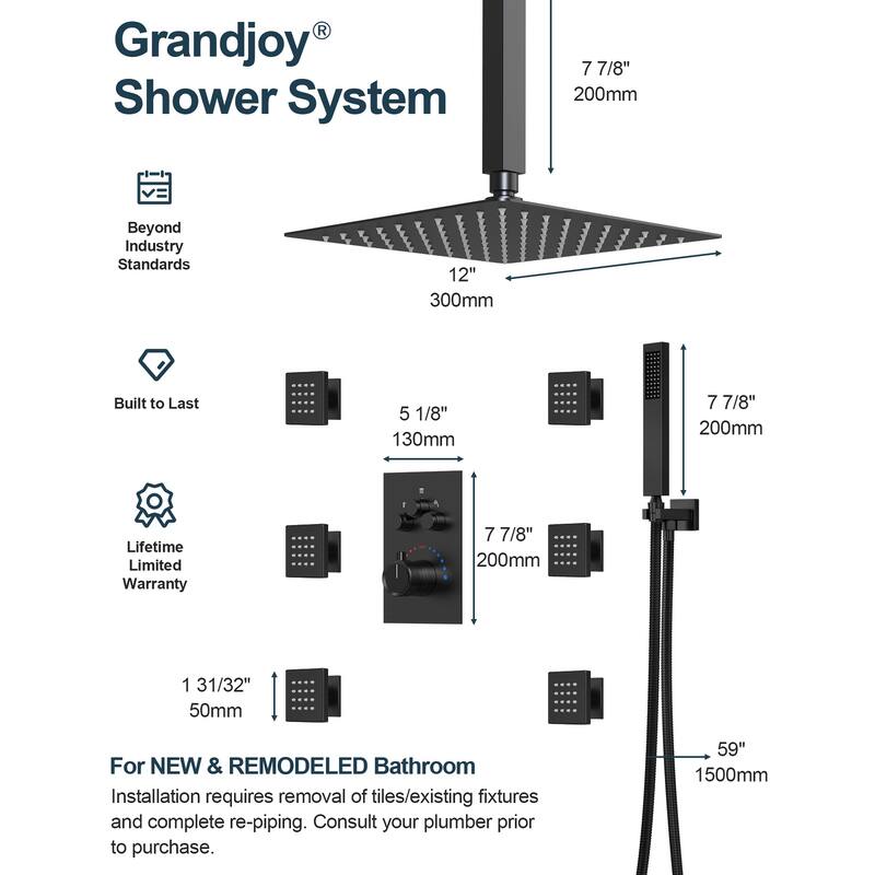 GRANDJOY Thermostatic Shower System 12 inch Ceiling Mount Shower Head 6 Body Jets Handheld Spray with Hose High Pressure