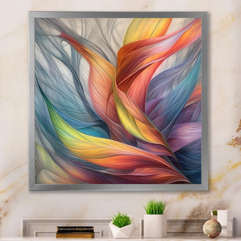 Designart "Vintage Rainbow Pastel Leaves Boho Watercolor I" Abstract Painting Framed Wall Art Living Room - 36 in. wide x 36 in. high - Silver