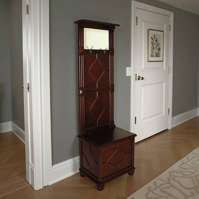 Molded Wooden Frame Hall Tree with Lift Top Box and Mirror Insert, Brown