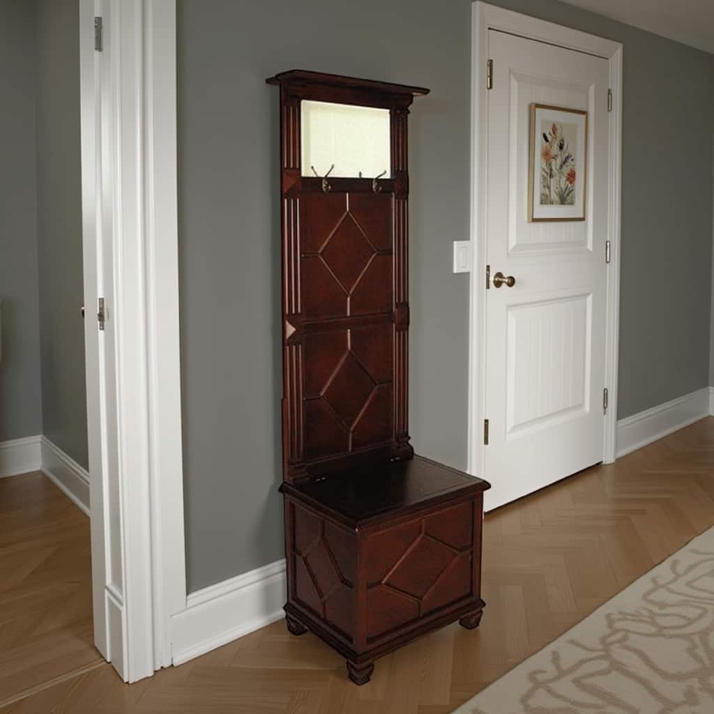 Molded Wooden Frame Hall Tree with Lift Top Box and Mirror Insert, Brown
