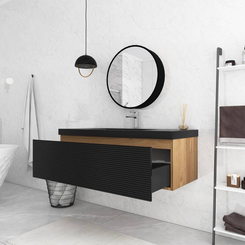 Floating Bathroom Vanity in Natural Oak with Integrated Resin Top