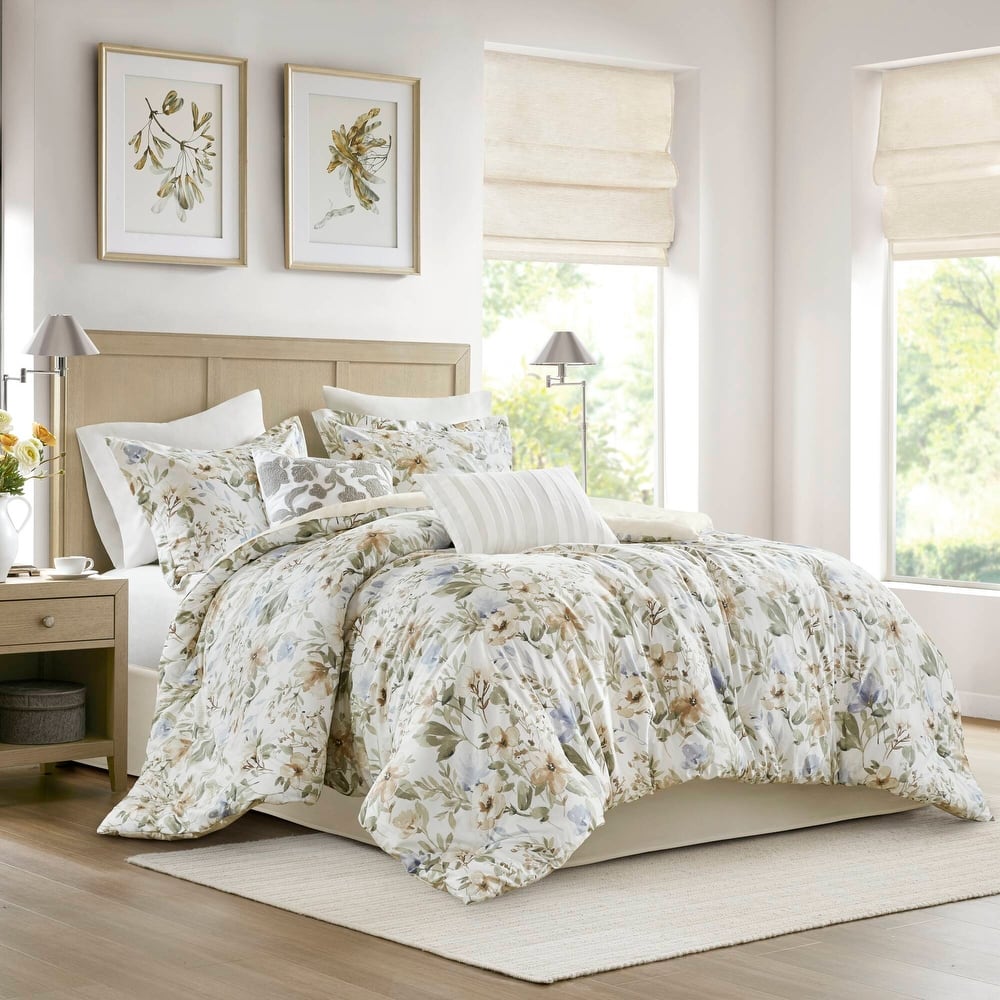 Harbor House Blue Herbal 6 Piece Cotton Sateen Print Oversized Comforter Set