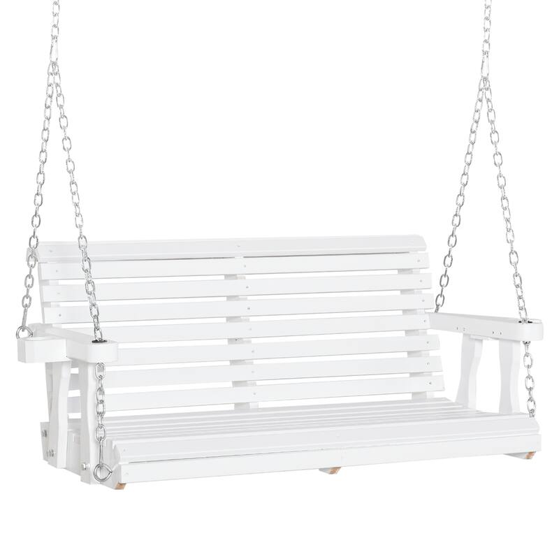 Porch Swing with Chains and Cupholders, Wooden Patio Swing Chair