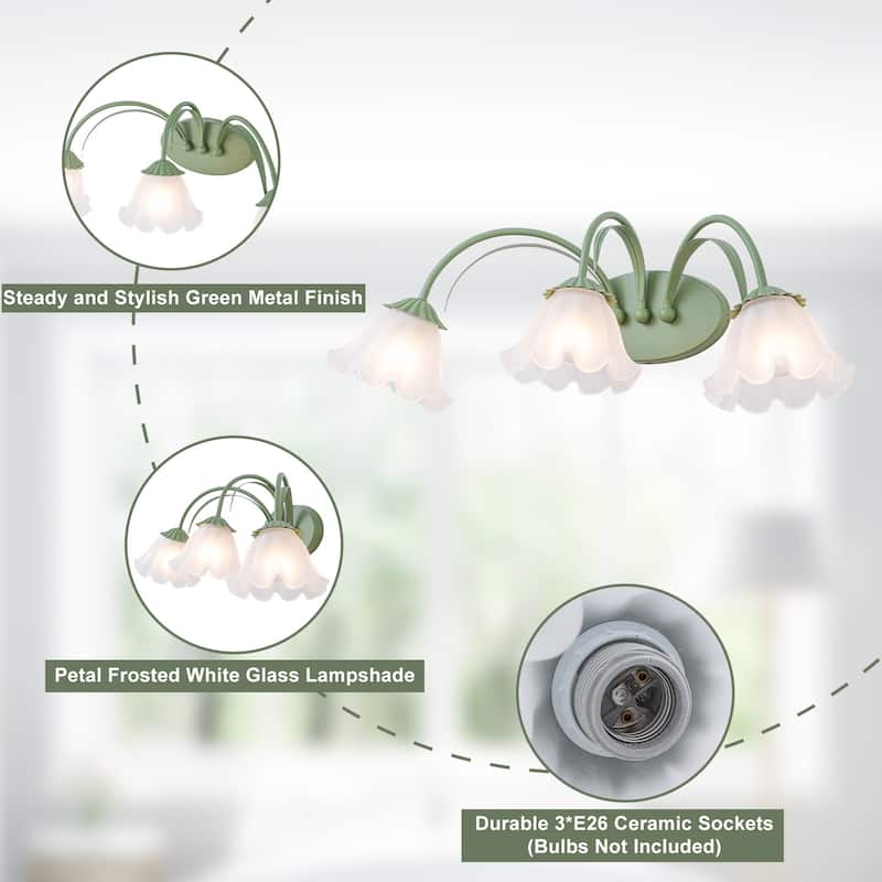 Green Metal Flower Frosted Glass Wall Sconce for Bathroom Vanity