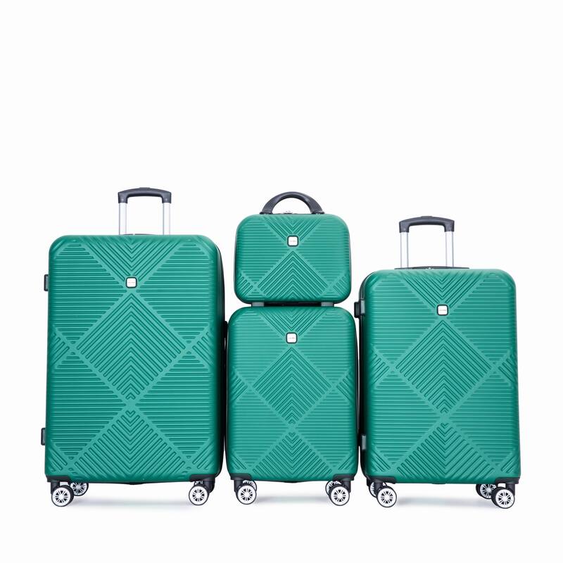 4-piece ABS Lightweight Suitcase Set with 14 inch Makeup Case, Aircraft Wheels (14/20/24/28) - Dark Green