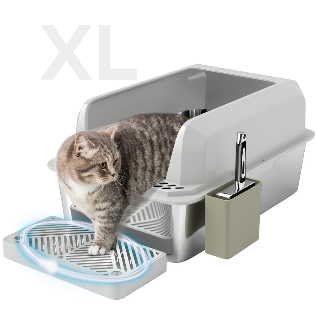 PawHut XL Stainless Steel Litter Box, Metal Litter Box High Sided, Anti-Urine Leakage, Non-Sticky, Light Gray