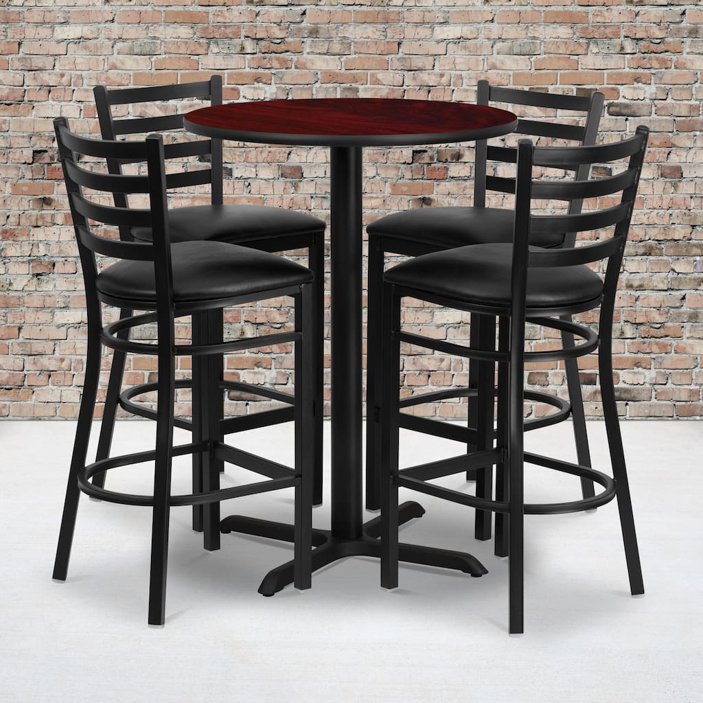 30'' Round Laminate Table Set with X-Base and 4 Ladder Back Metal Barstools - 30"W x 30"D x 42"H - 30"W x 30"D x 42"H