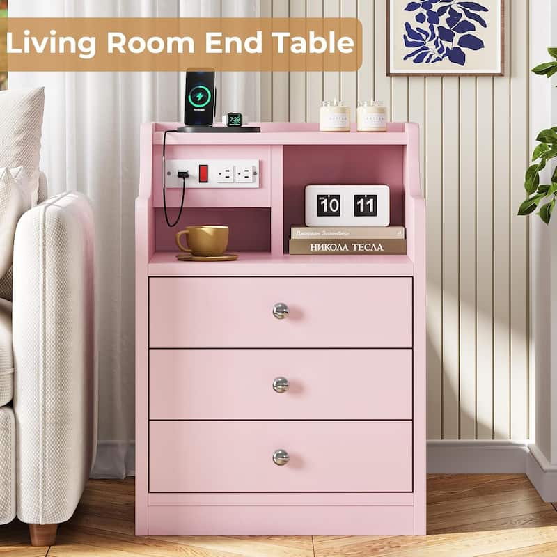 Small Nightstand 3 Drawers Charging Station End Side Table