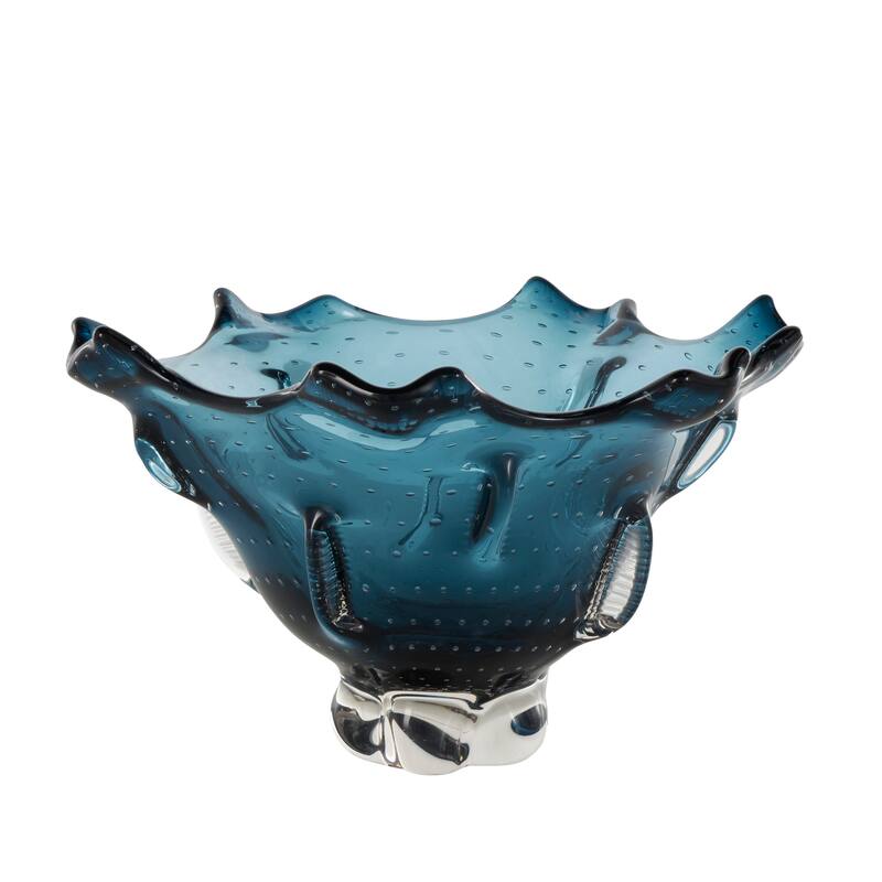 Dark Blue Glass Tulip Shaped Ombre Abstract Decorative Decorative Bowl with Bubble Texturing