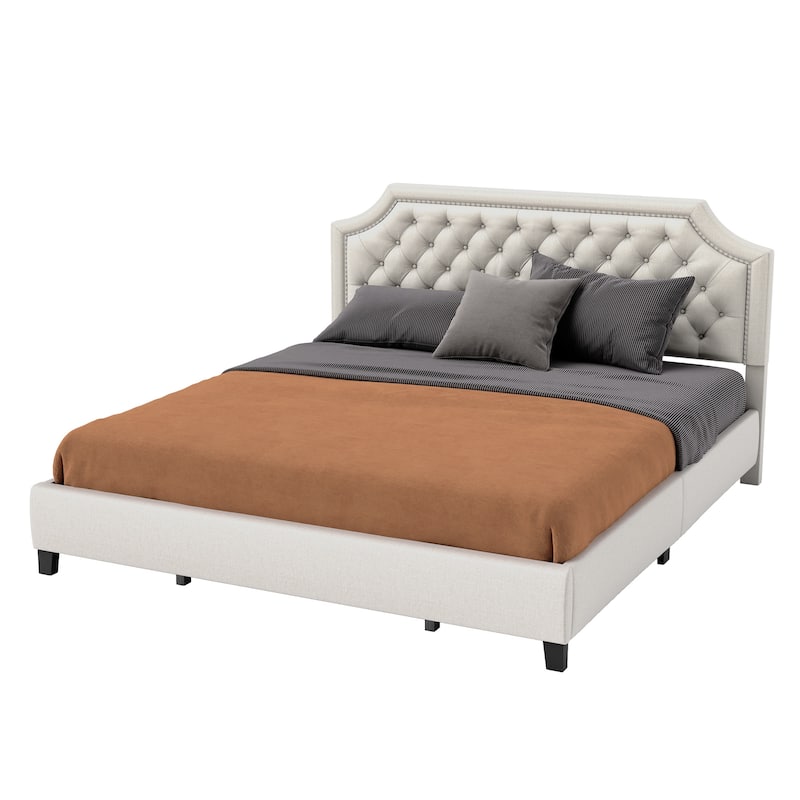 Moasis Linen Upholstered Platform Bed Velvet Bed Frame with Adjustable Headboard