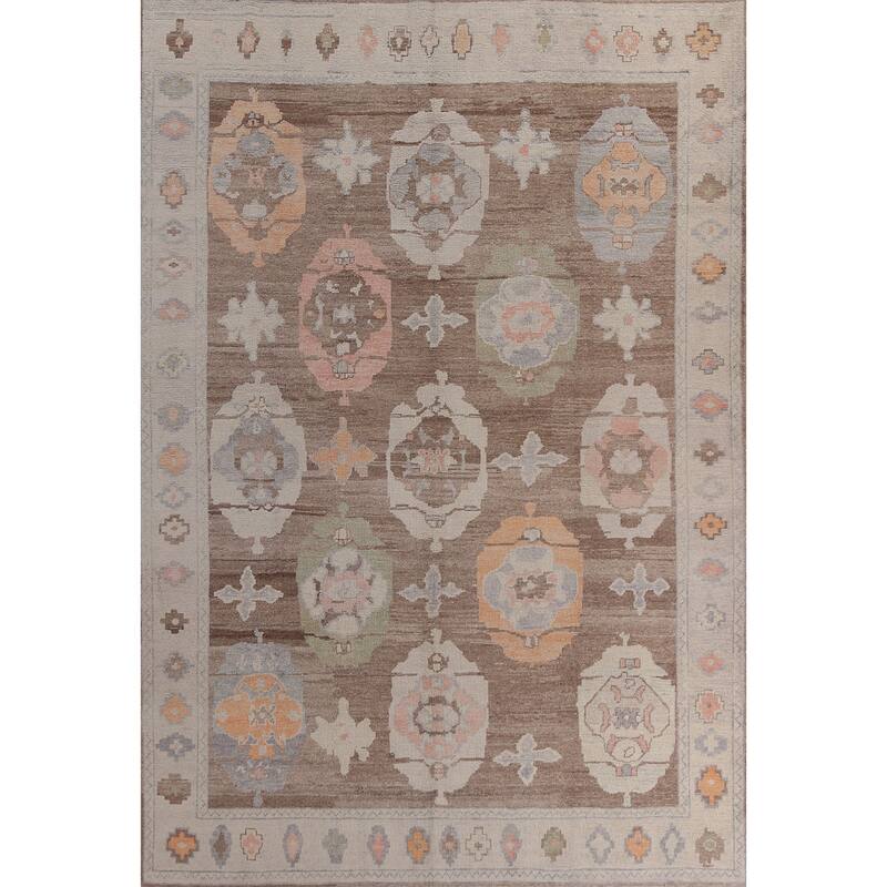 Hand Knotted Oriental 100% Wool Carpet Transitional Geometric Brown Oushak Area Rug - 12' 2'' X 8' 11''