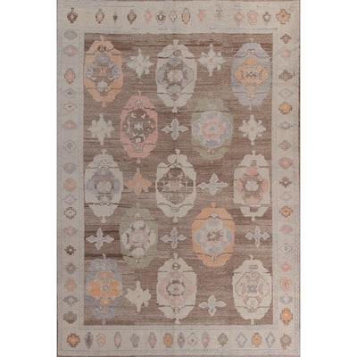 Hand Knotted Oriental 100% Wool Carpet Transitional Geometric Brown Oushak Area Rug - 12' 2'' X 8' 11''