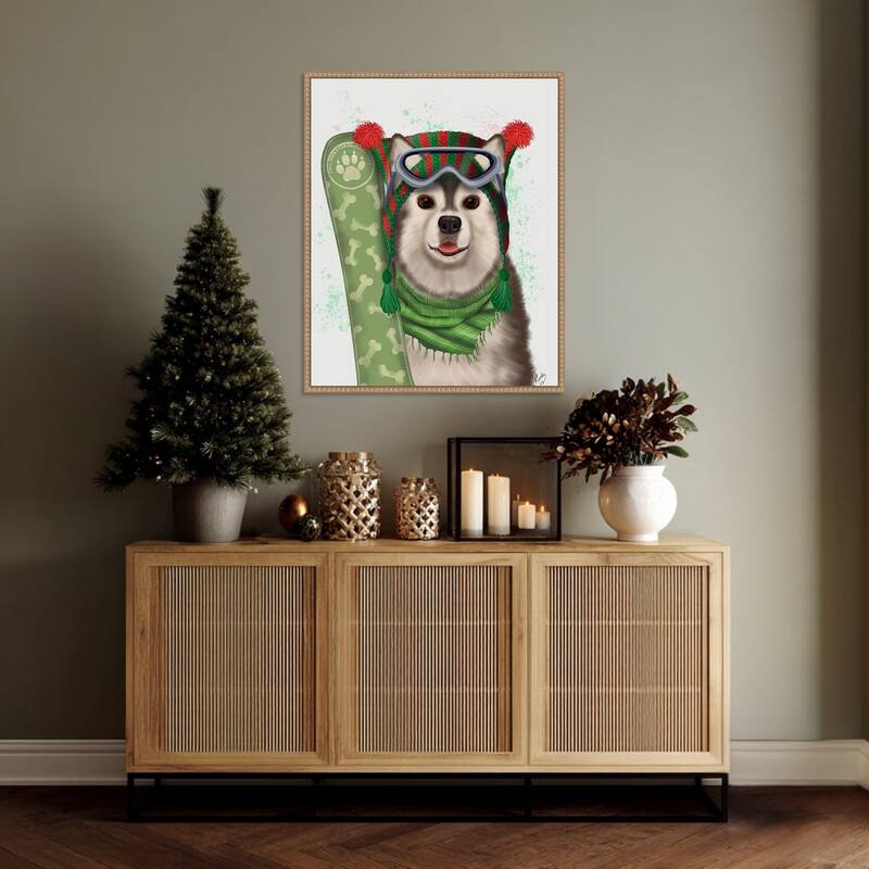 Husky Snowboard by Fab Funky (23 x 28 in.), Framed Canvas Wall Art Print - Sylvie Beaded Rustic Natural