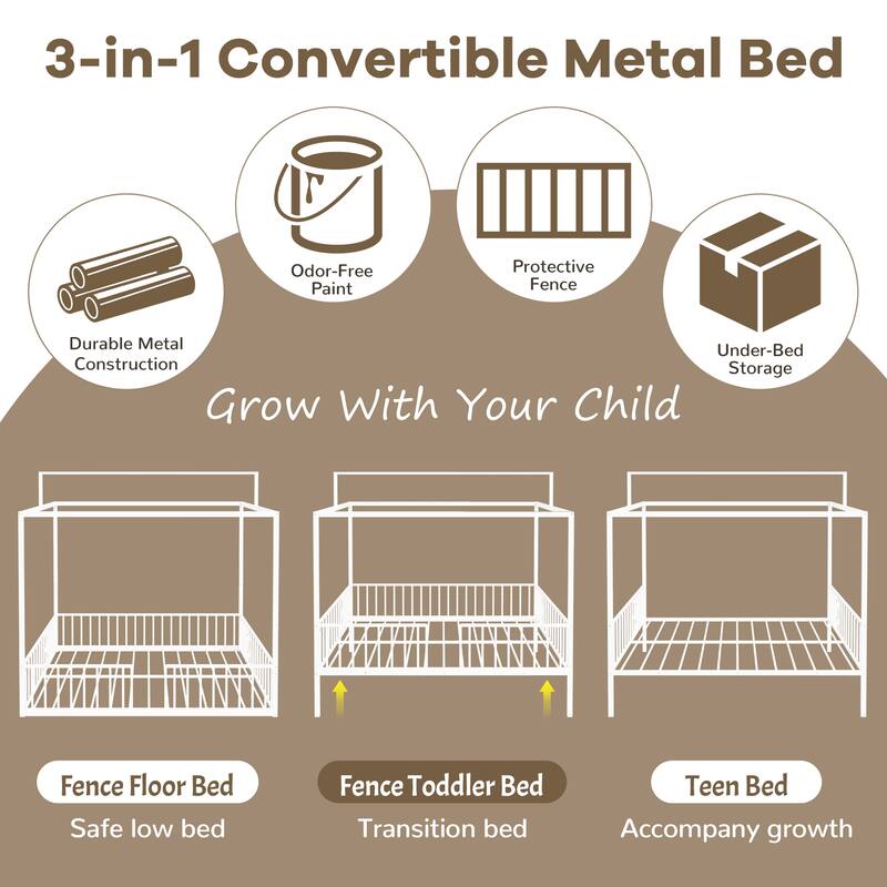 3-in-1 Convertible Montessori Metal Floor Bed by Harper&Bright Designs