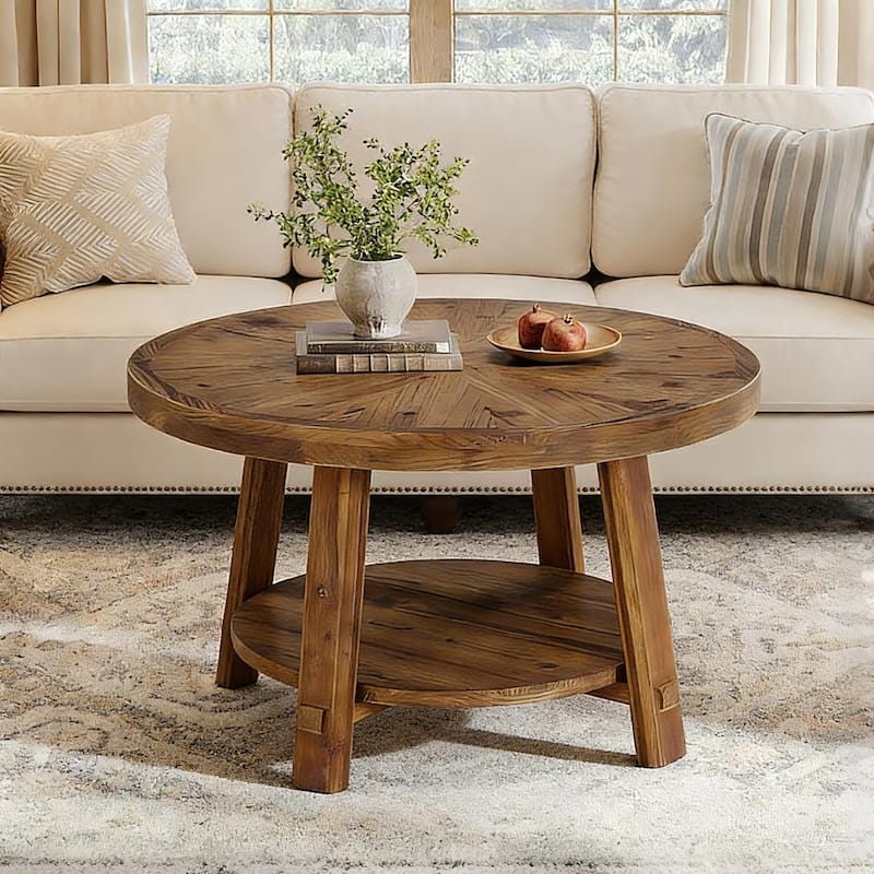 Solid Wood Round Coffee Table with Storage, 1.97'' Thickness Tabletop