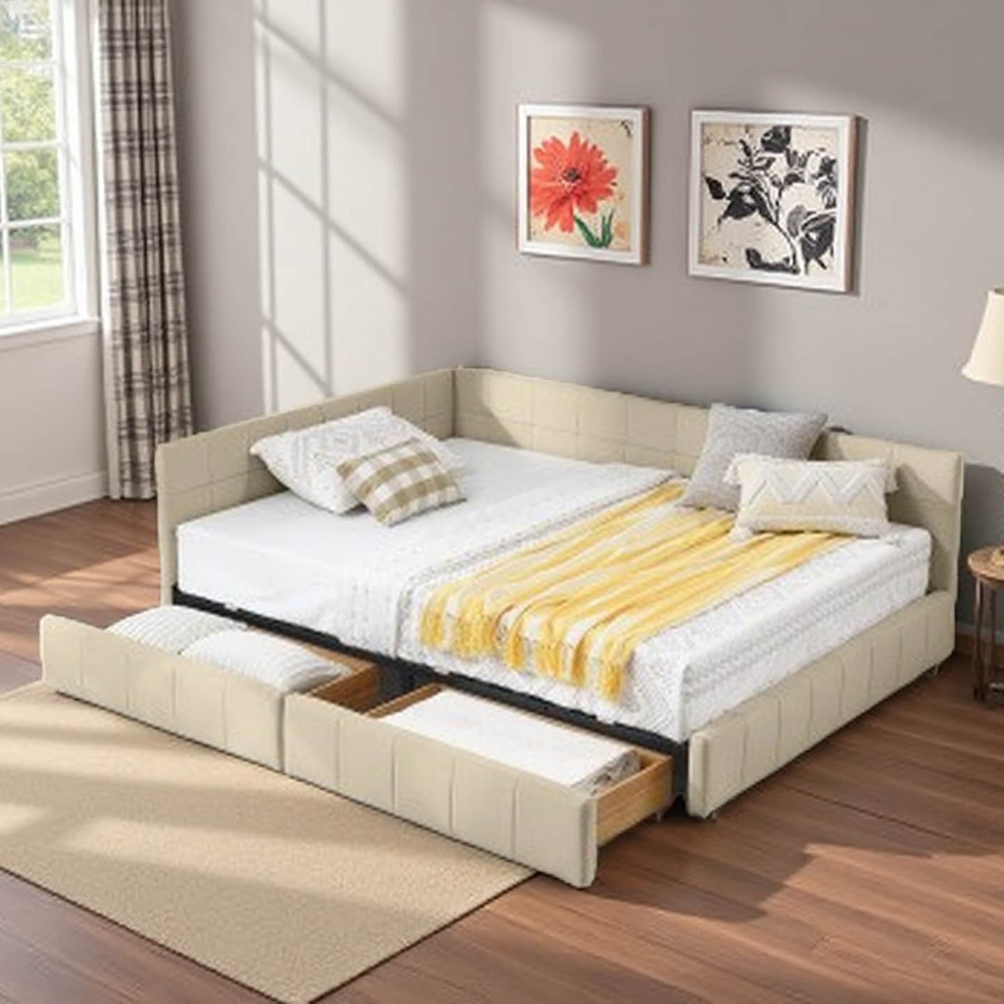 Full Size Mid-Century Velvet Upholstered Daybed with Storage Drawers, Wood Frame, Comfortable Backrest and Armrest