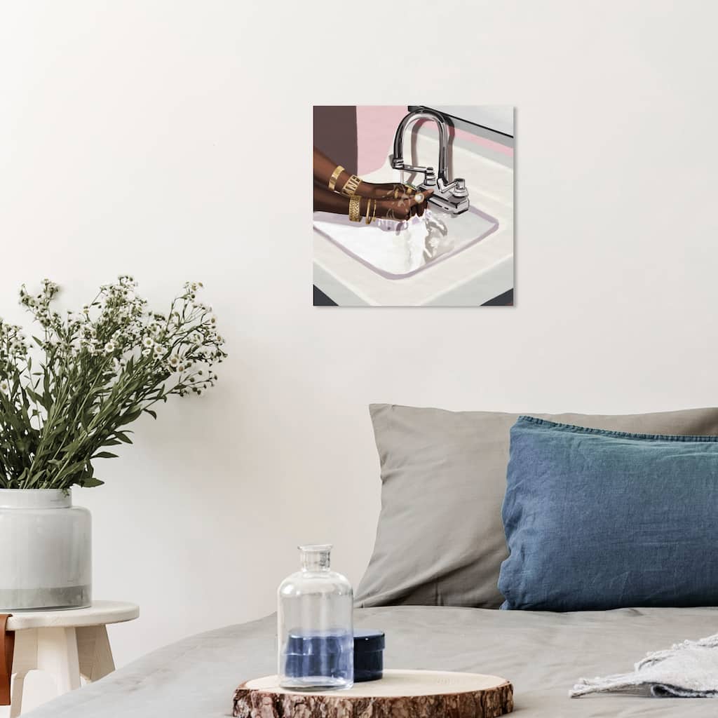 Wynwood Studio Prints Bath and Laundry Wash Your Hands In Style Gold and Pastel Pink Glam Wall Art Canvas Print
