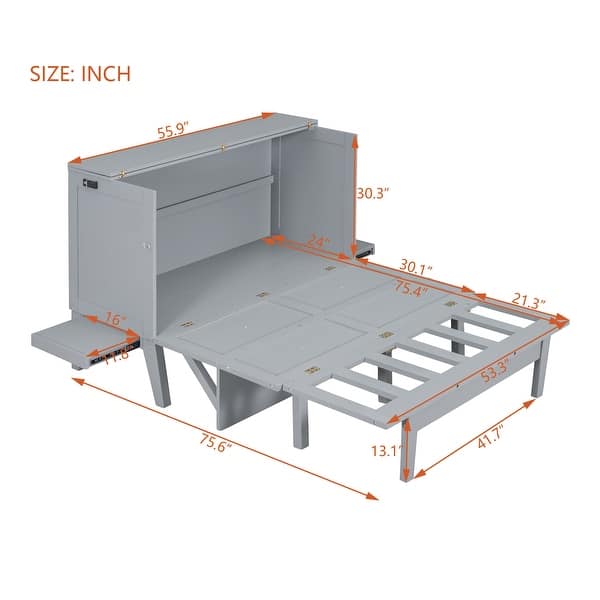 dimension image slide 1 of 2, Murphy Bed Cabinet Bed with 2 Removable Shelves and USB Port-Full, Grey