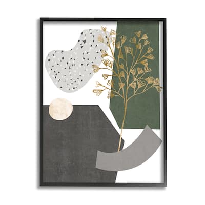 Stupell Abstract Shapes with Golden Floral Detail Framed Wall Art