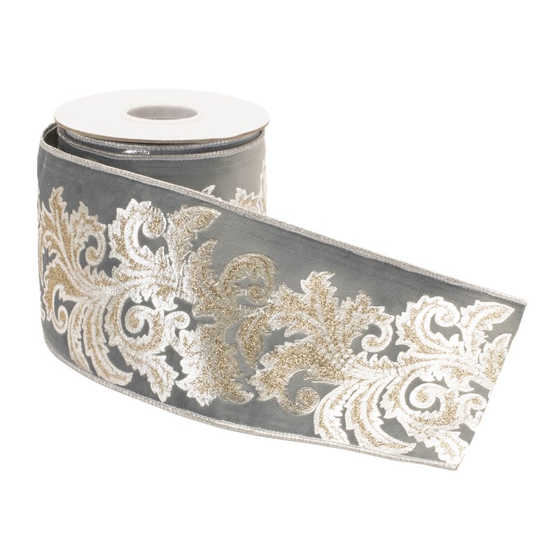 Embroidered Damask Wired Ribbon 4" x 5 Yds. - N/A