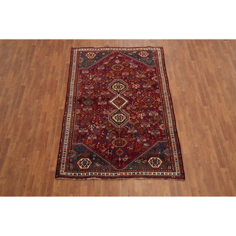 Hand Knotted Oriental 100% Wool Carpet Traditional Tribal Red Shiraz Area Rug - 8' 4'' X 5' 4''