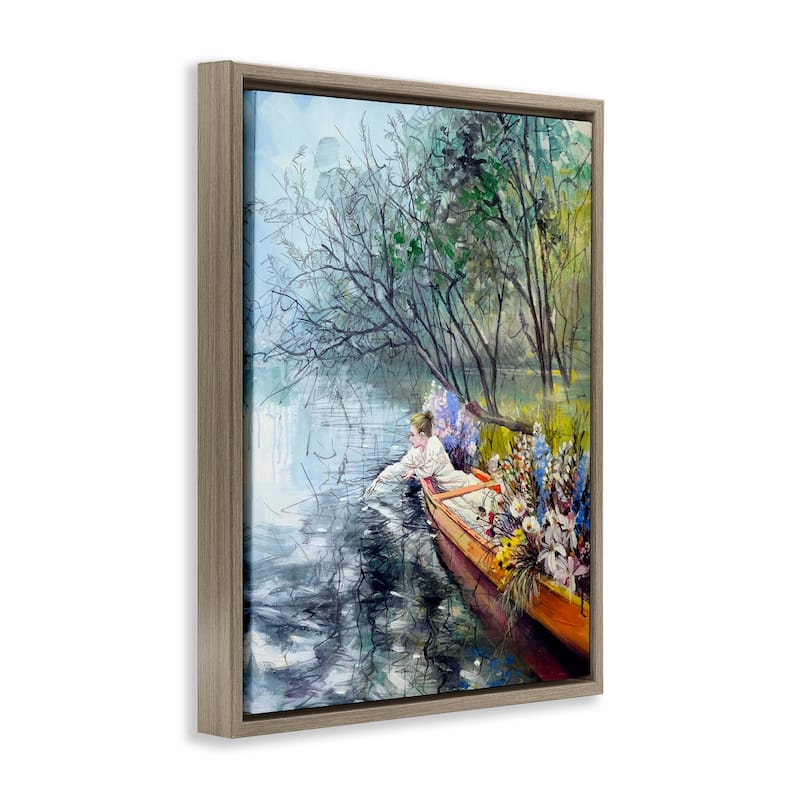 Stupell Woman in Floral Filled Boat Framed Floater Canvas Wall Art Design By Lucille Lee