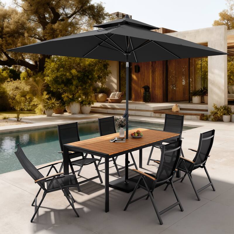9-Piece Outdoor Patio Dining Set Wood Like Aluminum Umbrella Hole Table with Folding Chairs, Market Umbrella and Base - BrownTable&BlackChairs&BlackUmbrella