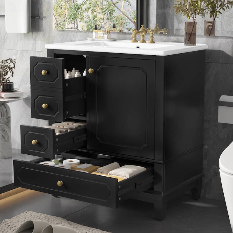 30" White Bathroom Vanity Set - Ceramic Sink Cabinet with 3 Drawers, Solid Wood Frame & Soft-Close Doors