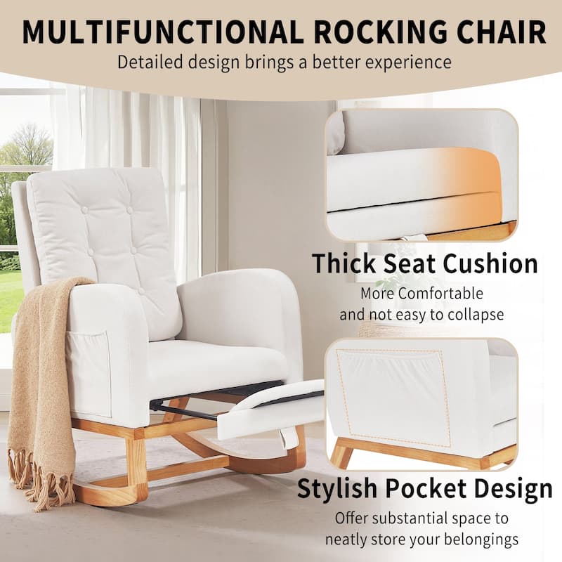 Javlergo Small Space Rocking Chair with Pull-Out Pedals Solid Wood Legs Glider Chair for Nursery with Two Side Storage Pockets