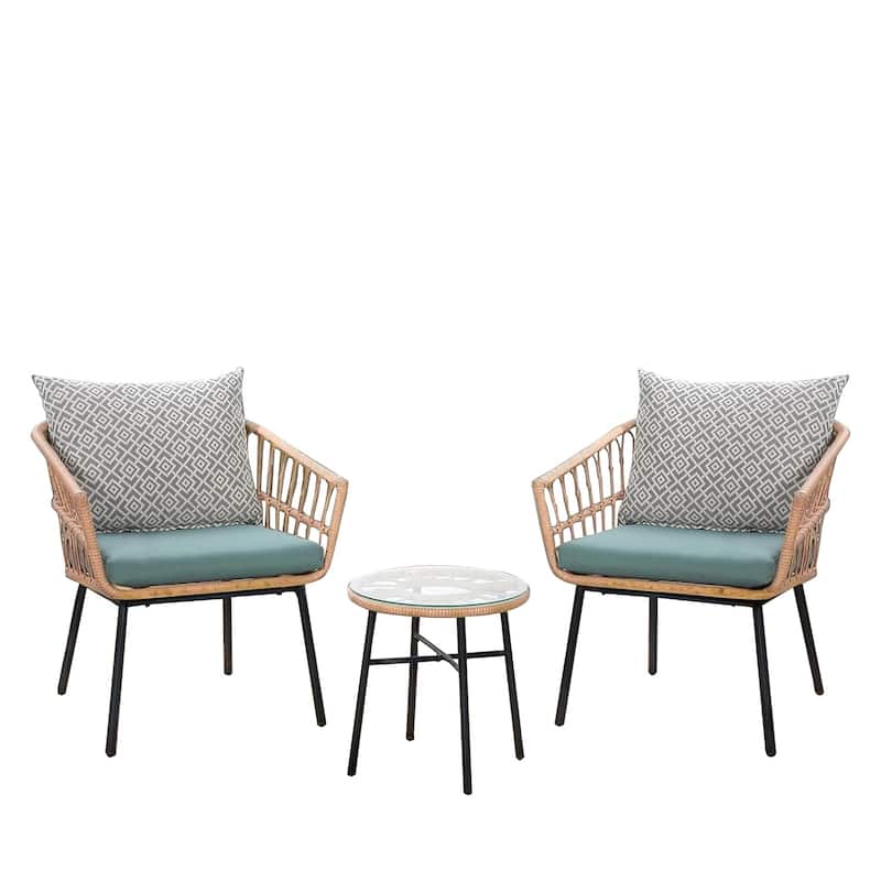 Outdoor 3 Piece Conversation Bistro Set with Tempered Coffee Table and Wicker Chairs (Green)