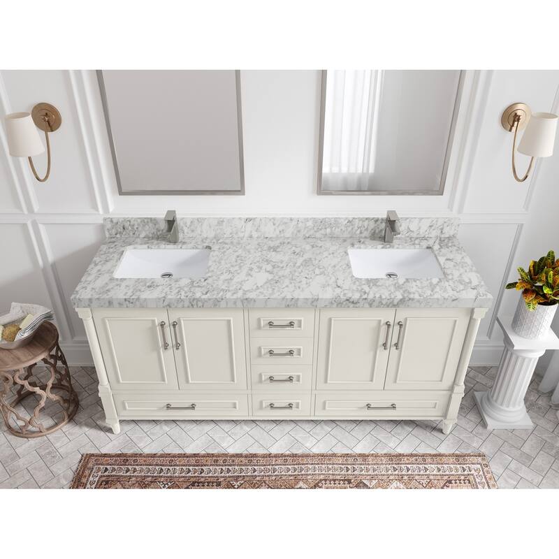 Willow Collections 72 in. W x 22 in. D Aberdeen Double Sink Bathroom Vanity with Countertops - 2" Carrara Marble - Ivory